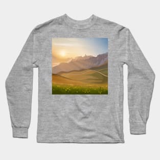 Golden Sunrise Over Hilly Green Fields and Yellow Tulips Landscape Digital Illustration Long Sleeve T-Shirt